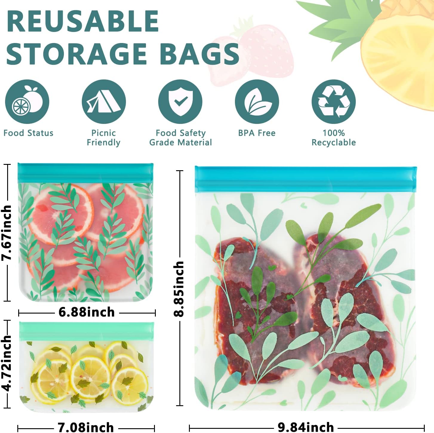 Dishwasher Safe Reusable Food Storage Bags, Leakproof Reusable Freezer Bags, Food Bags -Pack of 10