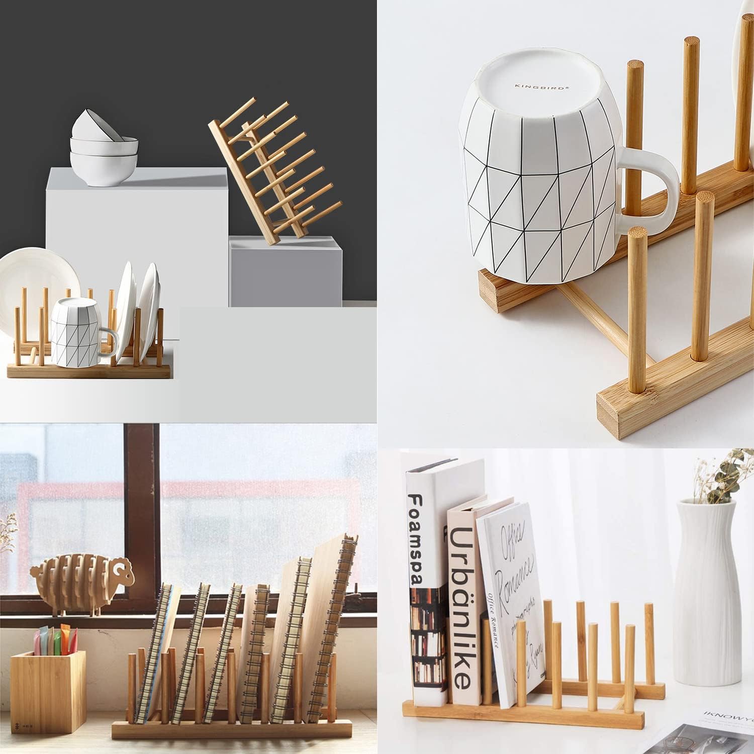 Bamboo Dish Rack, Plates Holder, Compact Kitchen Storage, Cabinet Organizer -Pack of 2