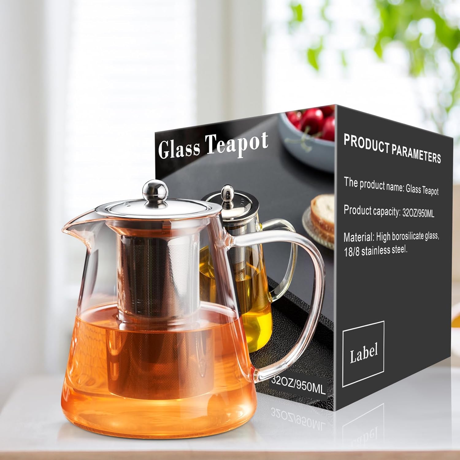 Glass Teapot Stovetop, Clear Tea Kettle, Teapot, Tea Maker, Tea Brewer, Removable 18/8 Stainless Steel Infuser -(950ML)