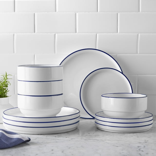 Blue Rim Stoneware Dinnerware Set -12 Pcs