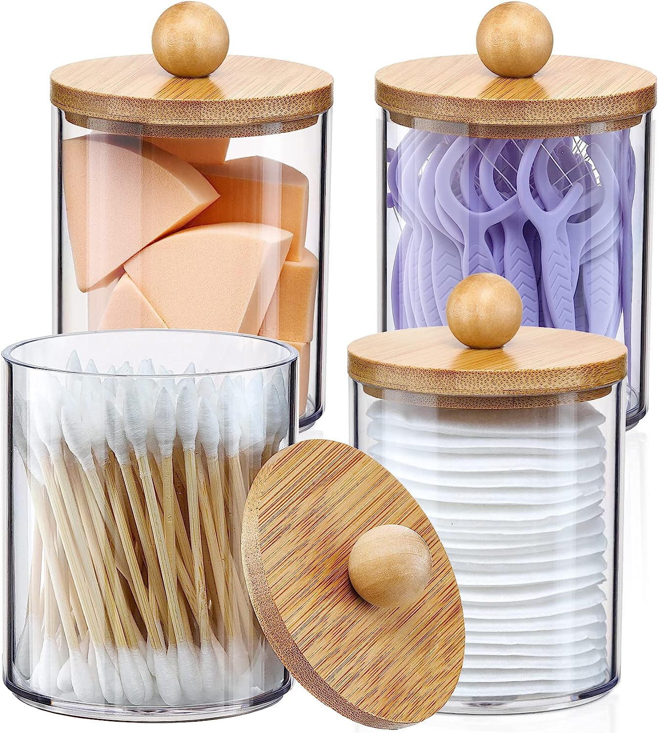 Holder Dispenser with Bamboo Lids, Clear Plastic Jar, Containers for Vanity, Storage Jars, Bathroom Accessories Set for Cotton Swab -10 oz (4 Pcs)