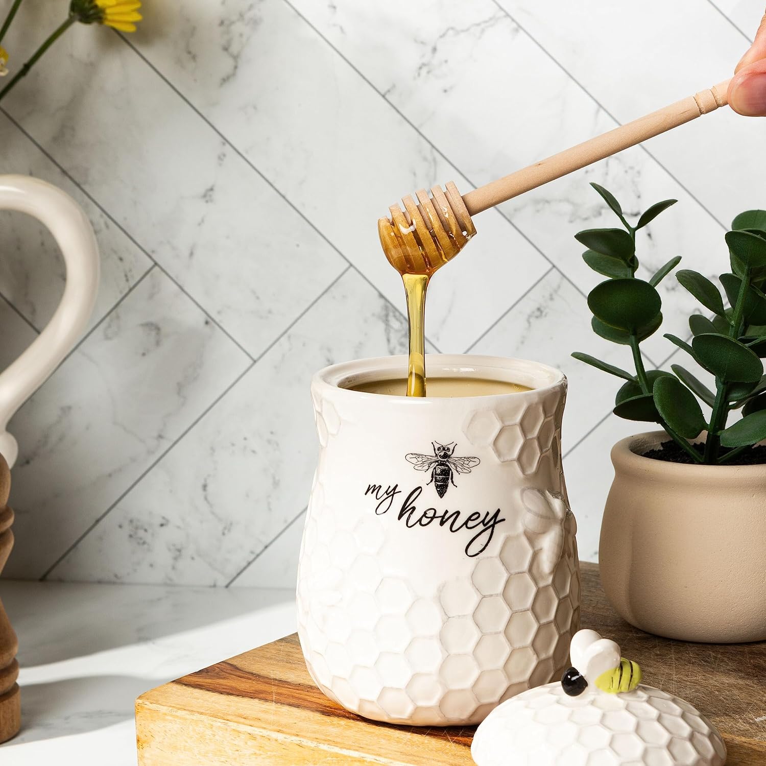 Honey Jar with wooden Hone Dipper, Farmhouse Kitchen Decor