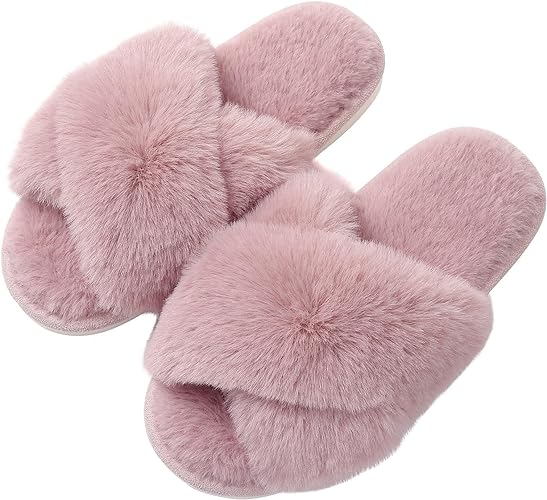 Women's Fuzzy Slippers, House Slippers, Open Toe Slippers