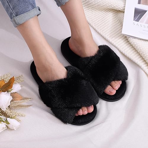 Women's Fuzzy Slippers, House Slippers, Open Toe Slippers