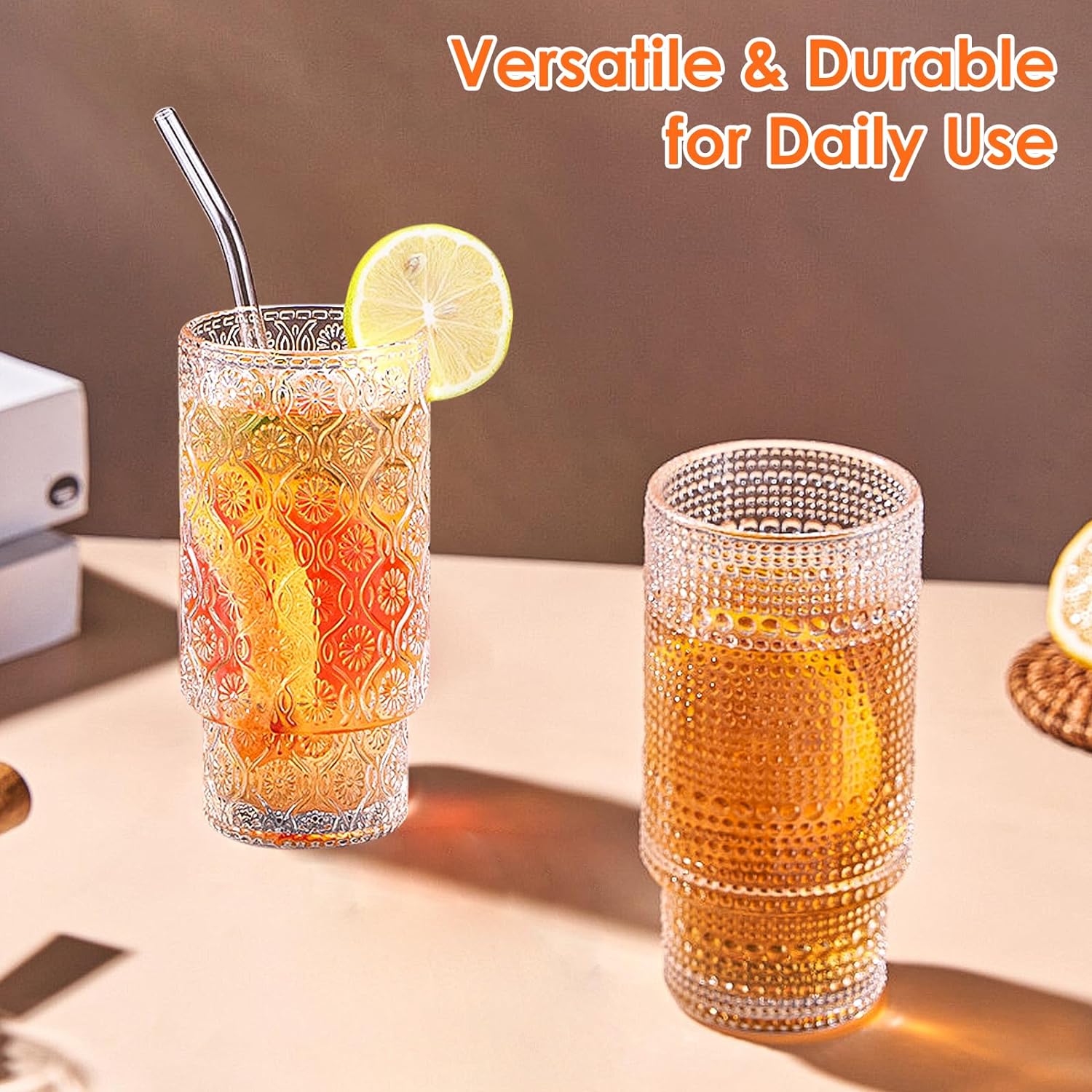 Drinking Glasses with Bamboo Lids, Glasses with Glass Straw, Can Shaped Glass Cups with Lids and Straws, Beer Glasses with Cleaning Brushes -Pack of 2 (16oz )