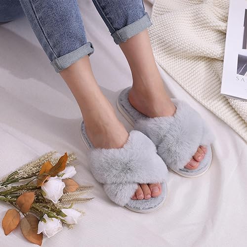 Women's Fuzzy Slippers, House Slippers, Open Toe Slippers