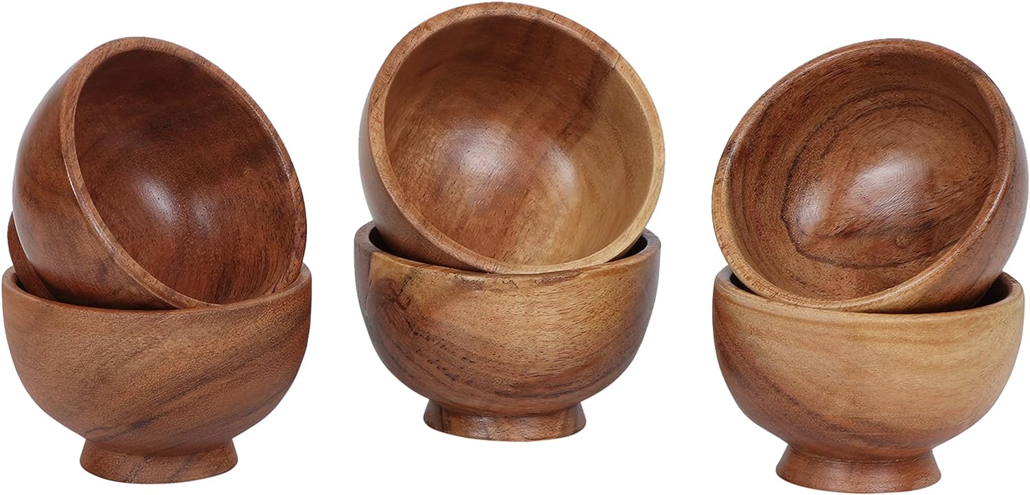 Wood small bowls, Wooden Kitchen Mini Cups for dipping sauce, SSalsa, Prep, salt & Condiments -4 fl oz 3.25 * 2 inches(Set of 6)