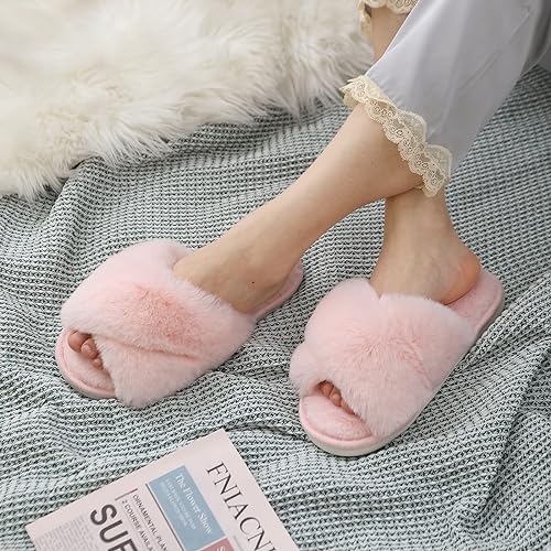 Women's Fuzzy Slippers, House Slippers, Open Toe Slippers