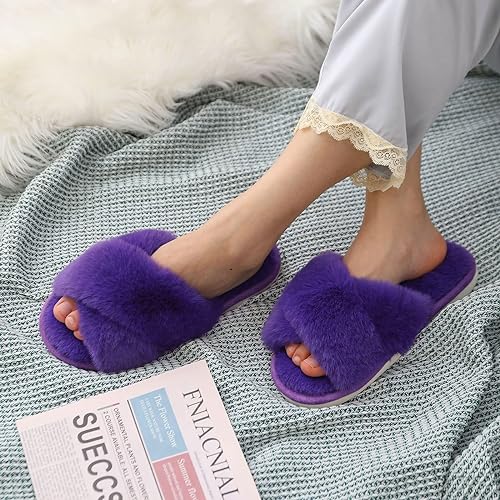 Women's Fuzzy Slippers, House Slippers, Open Toe Slippers