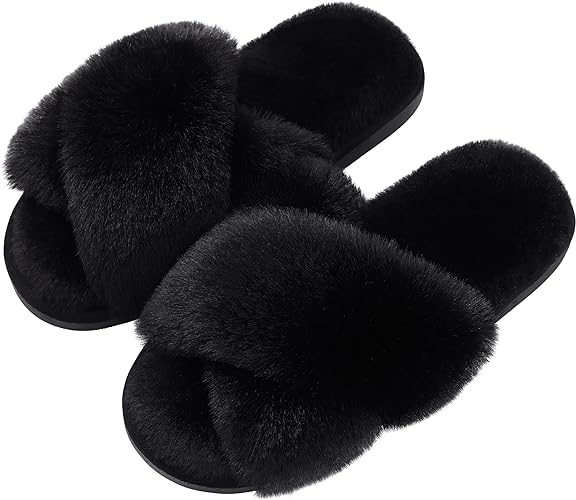 Women's Fuzzy Slippers, House Slippers, Open Toe Slippers