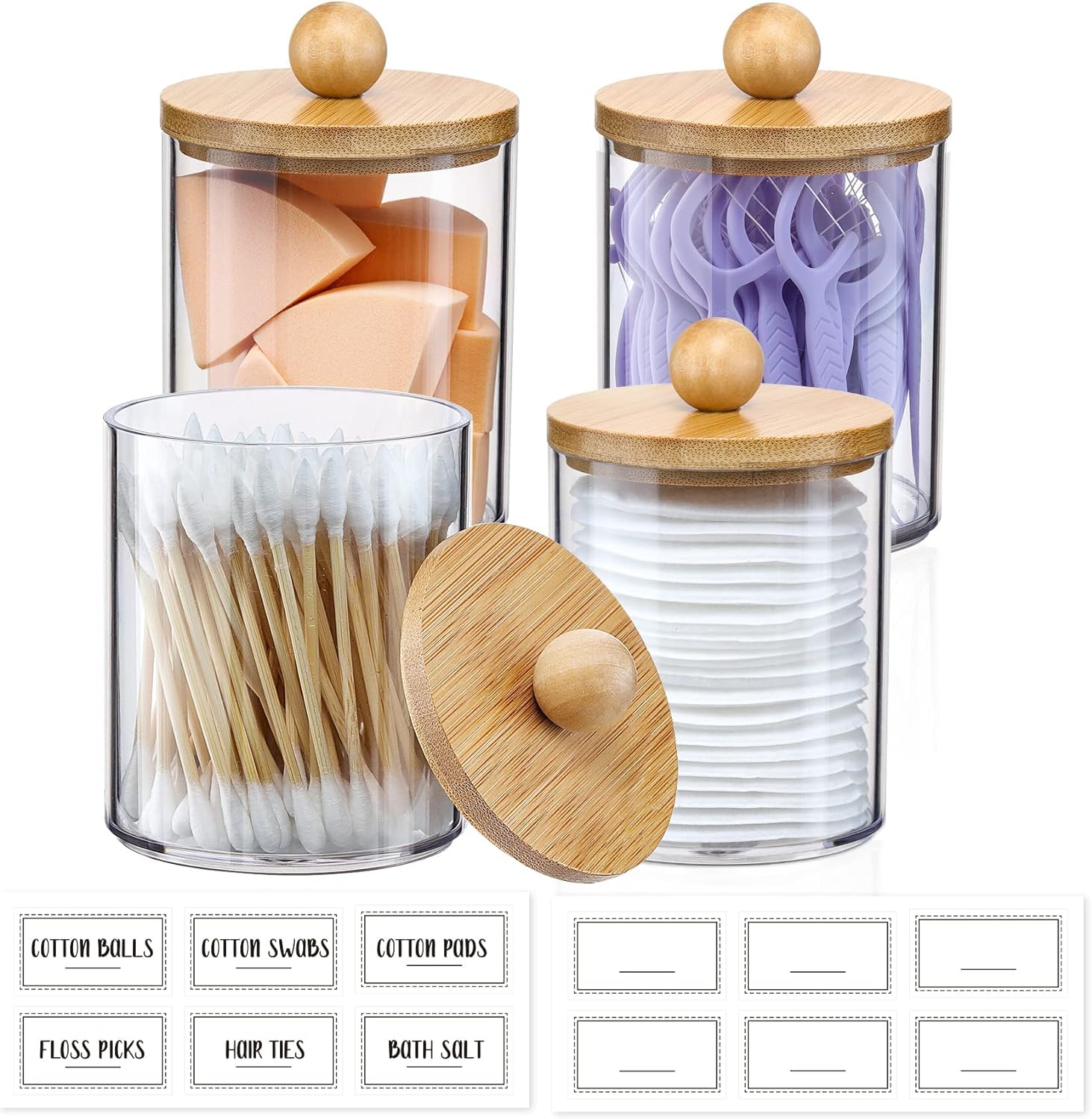 Holder Dispenser with Bamboo Lids, Clear Plastic Jar, Containers for Vanity, Storage Jars, Bathroom Accessories Set for Cotton Swab -10 oz (4 Pcs)