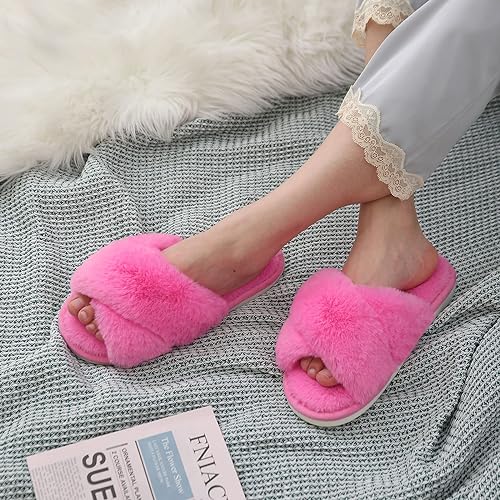 Women's Fuzzy Slippers, House Slippers, Open Toe Slippers