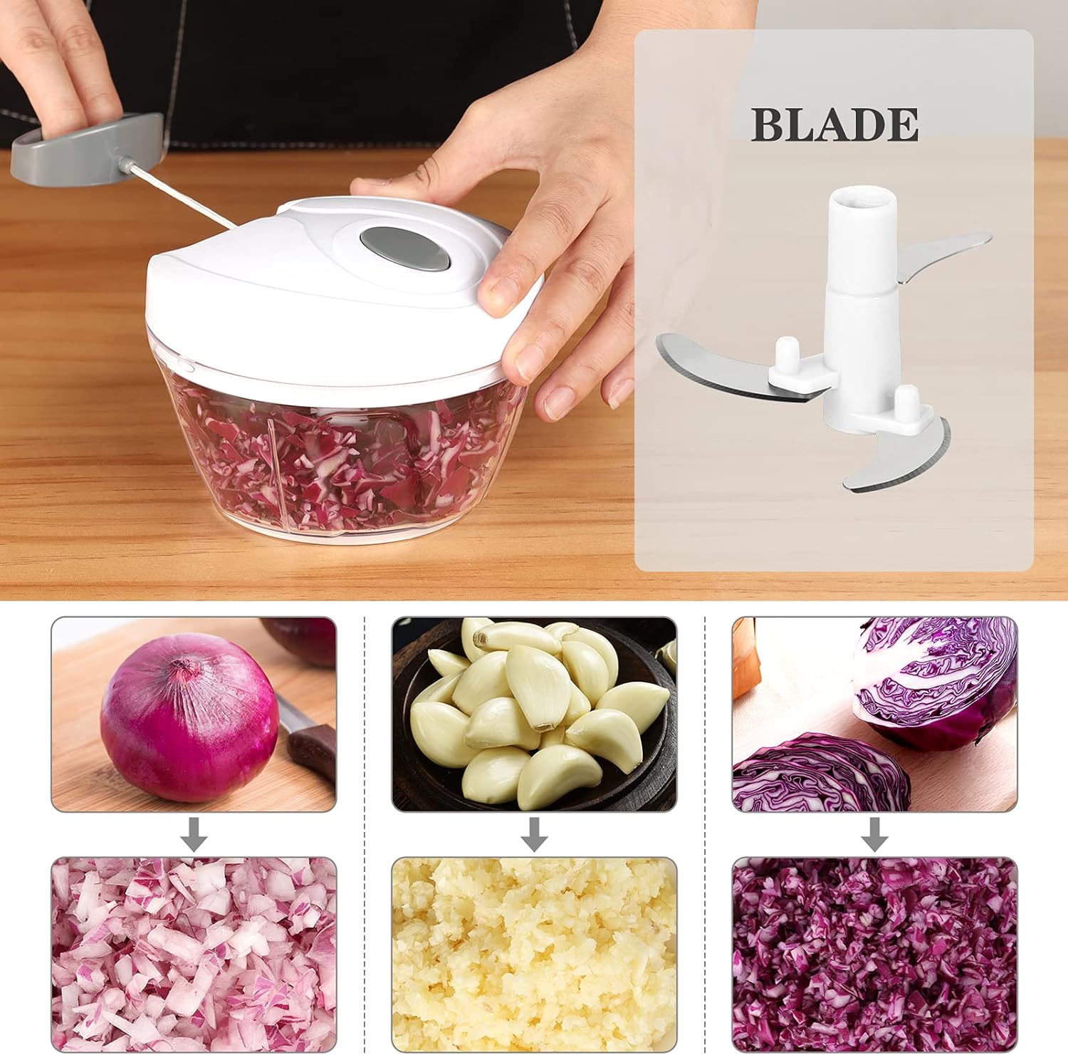 Manual Food Chopper, Vegetable Cutter, Chopper, Hand String Chopper, Smoothie Blender -900ml