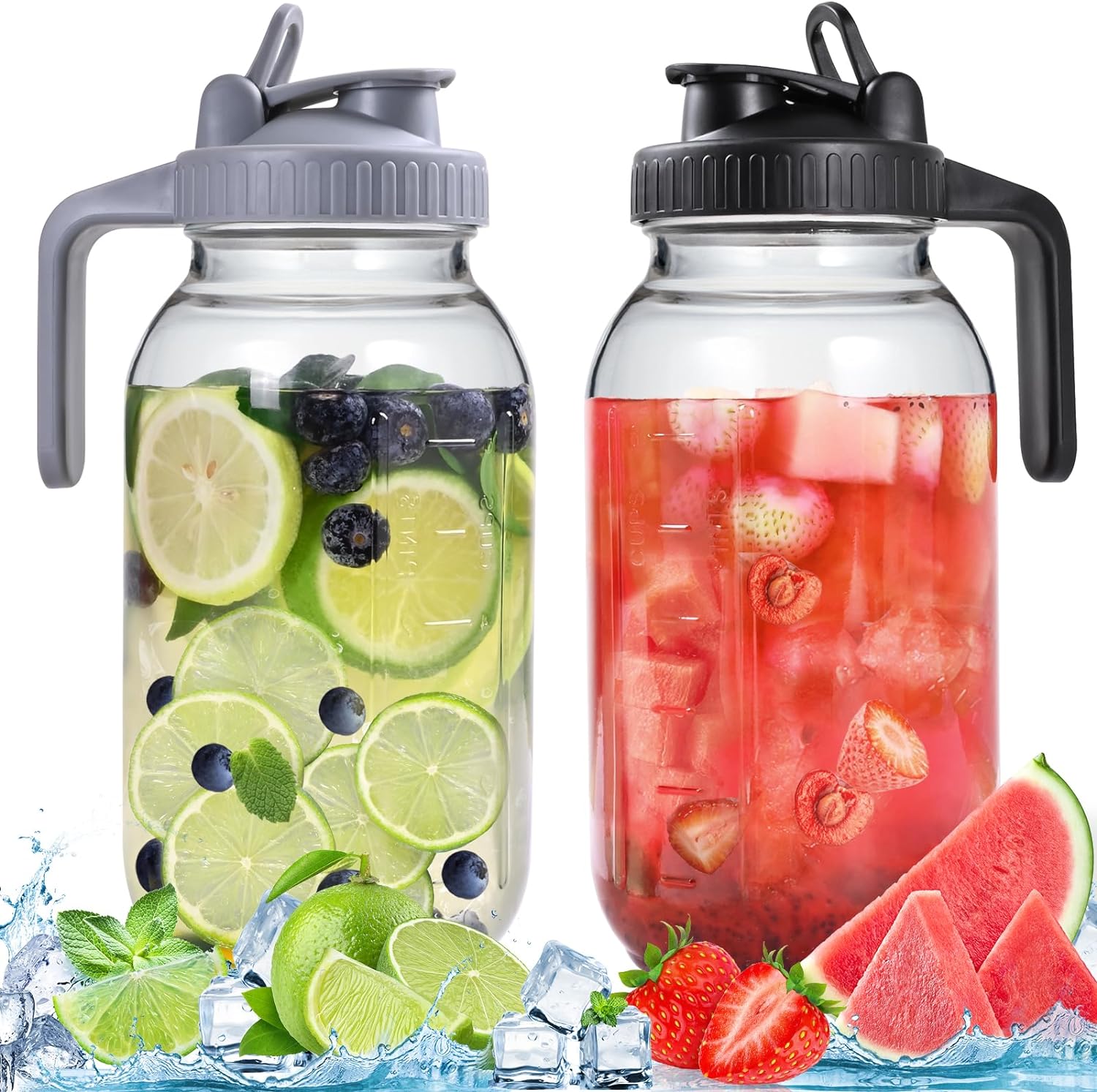 Glass Pitchers with Lid, Airtight Mason Jars, Water Jugs -Set of 2 (64oz)