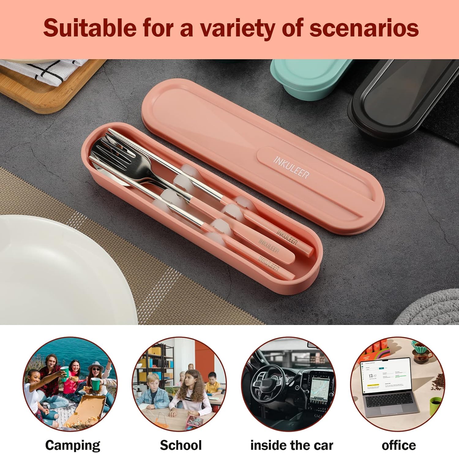 Travel cutlery set, Stainless Steel Cutlery, Reusable utensils set with case, Portable Silverware -18/8