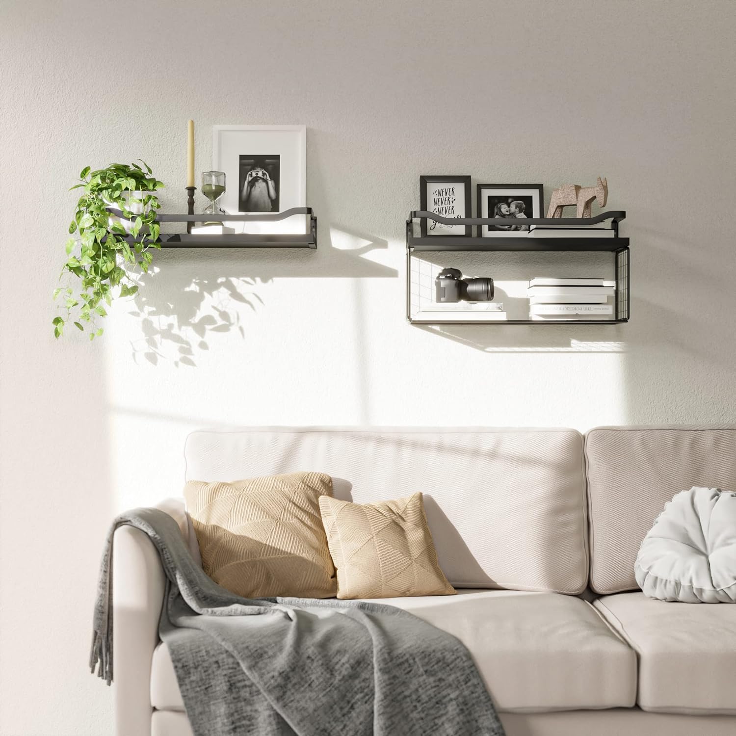 Floating Shelves with Wire Storage Basket, Bathroom Shelves, Wall Shelves