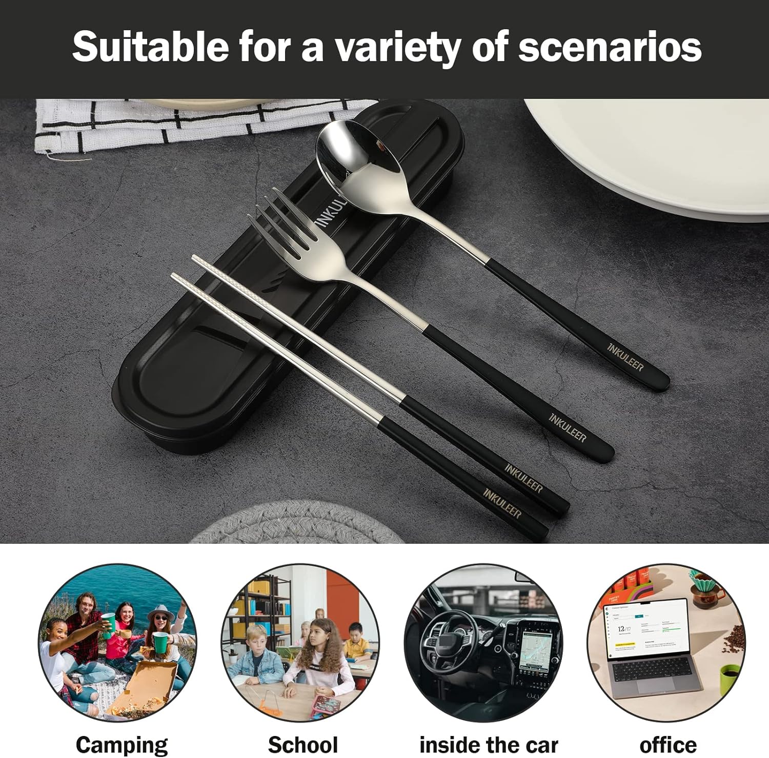 Travel cutlery set, Stainless Steel Cutlery, Reusable utensils set with case, Portable Silverware -18/8