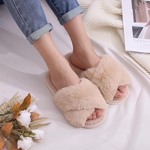 Women's Fuzzy Slippers, House Slippers, Open Toe Slippers