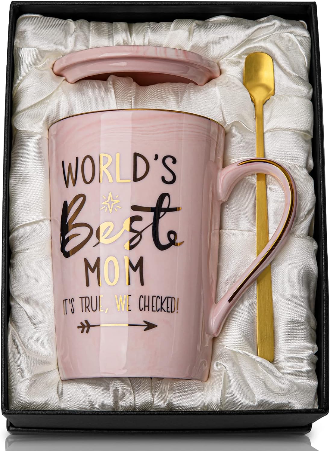 Mothers Day Gifts for Mom from Daughter, Son, Kids - World's Best Mom, Birthday Present, Marble Ceramic Coffee Cup with Lid Cards - 4oz