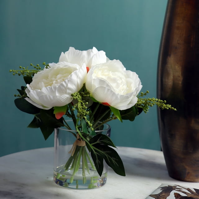 White Flowers in Clear Glass Jar, Artificial Flowers -9.5