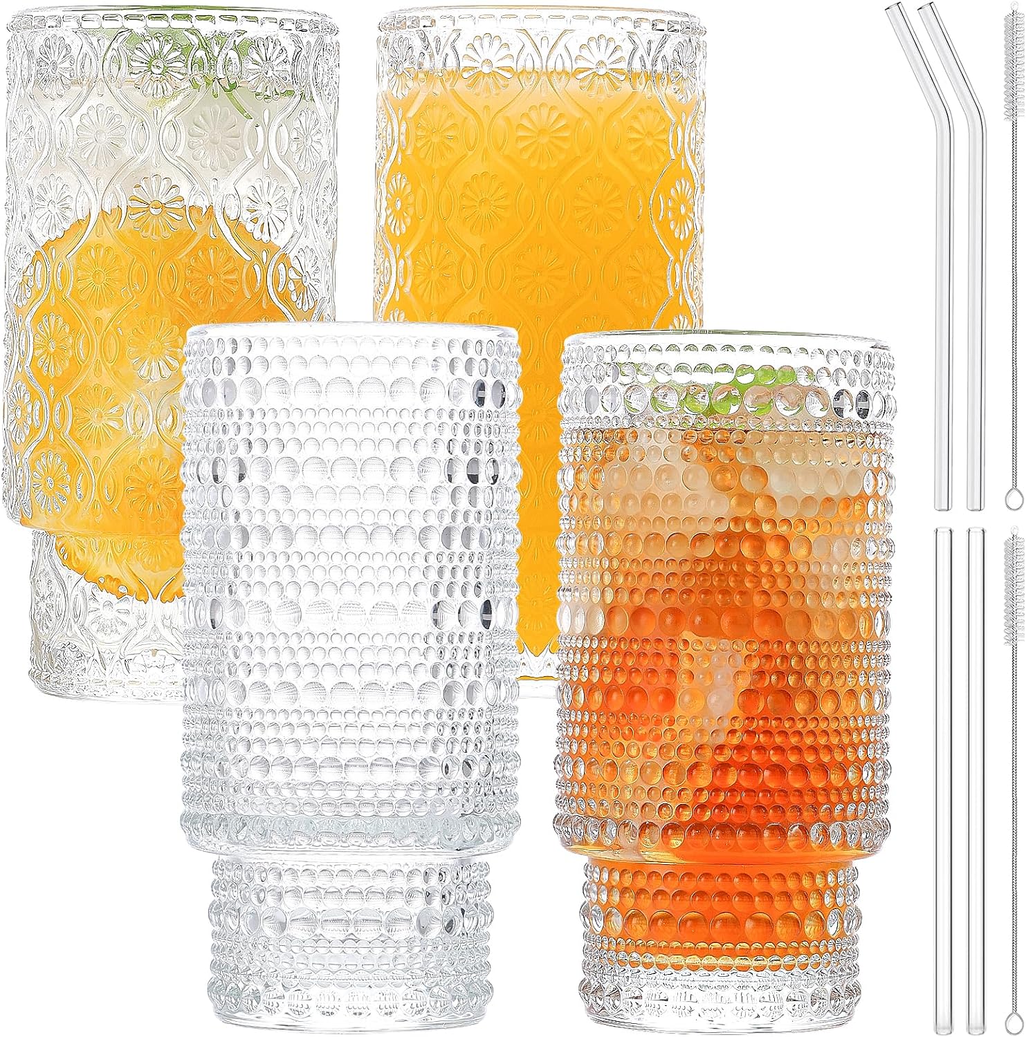 Drinking Glasses with Bamboo Lids, Glasses with Glass Straw, Can Shaped Glass Cups with Lids and Straws, Beer Glasses with Cleaning Brushes -Pack of 2 (16oz )