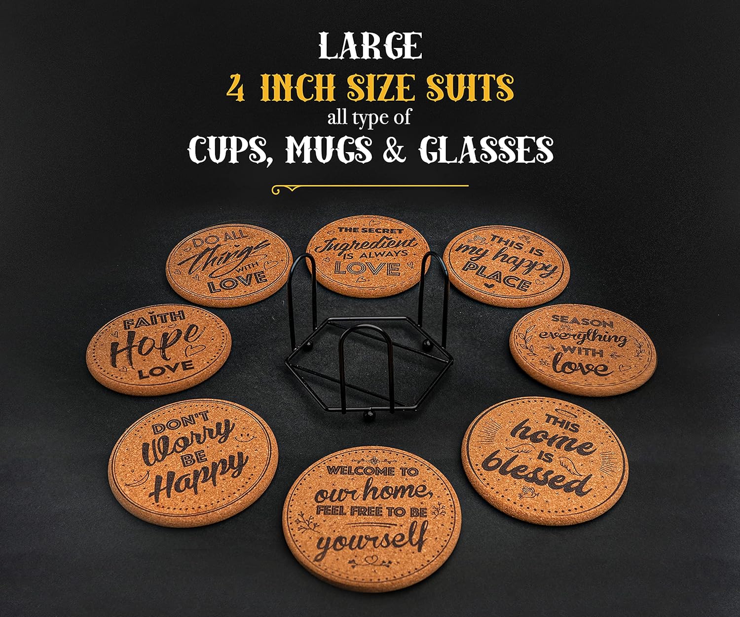 Cork Coasters for Drinks Absorbent with Holder, Cup Coasters, Large Round Outdoor Cup Coasters, Wooden Table Protection, Coffee, Cups and Mugs Cool Drink Coaster -Set of 8