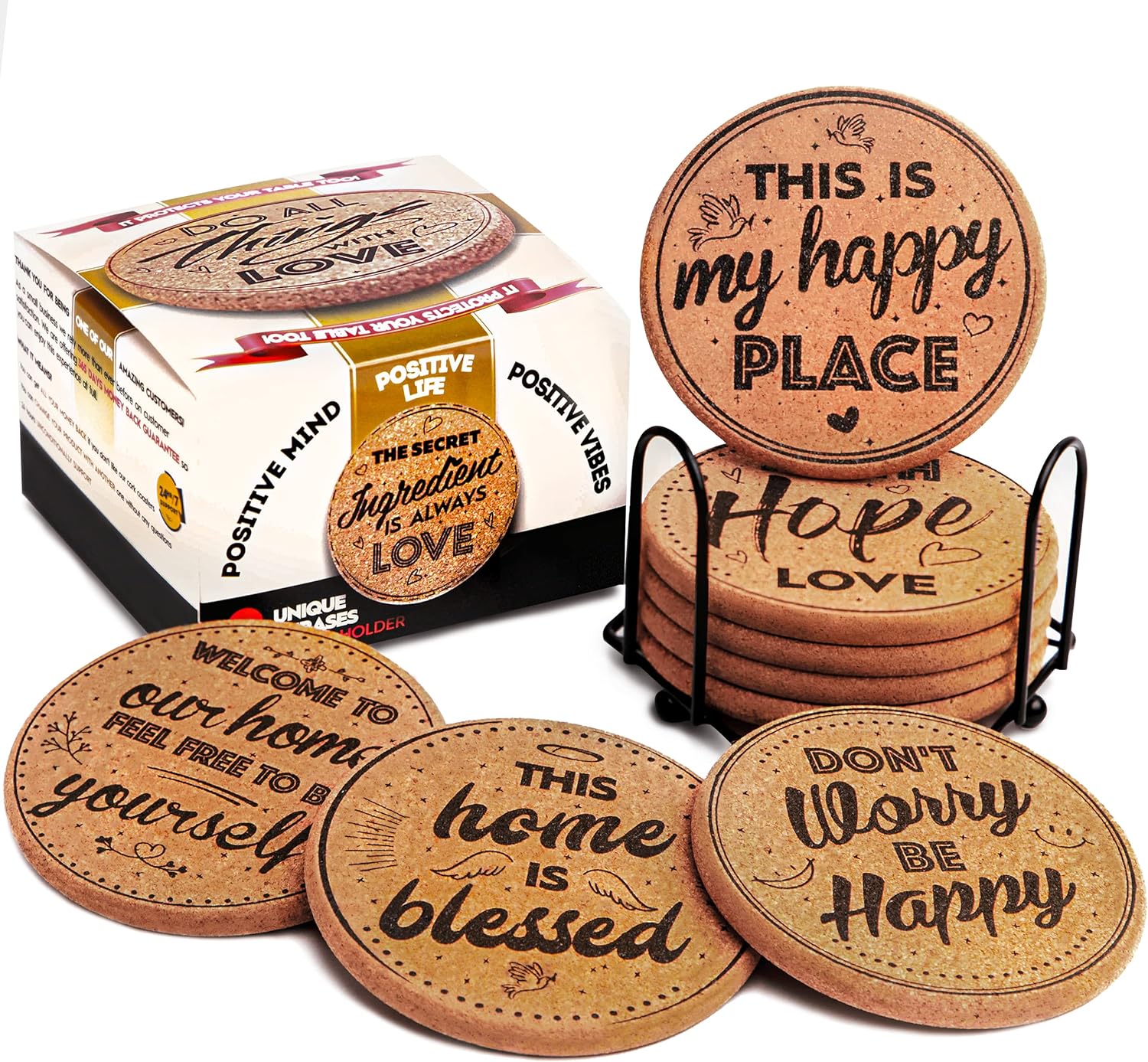 Cork Coasters for Drinks Absorbent with Holder, Cup Coasters, Large Round Outdoor Cup Coasters, Wooden Table Protection, Coffee, Cups and Mugs Cool Drink Coaster -Set of 8