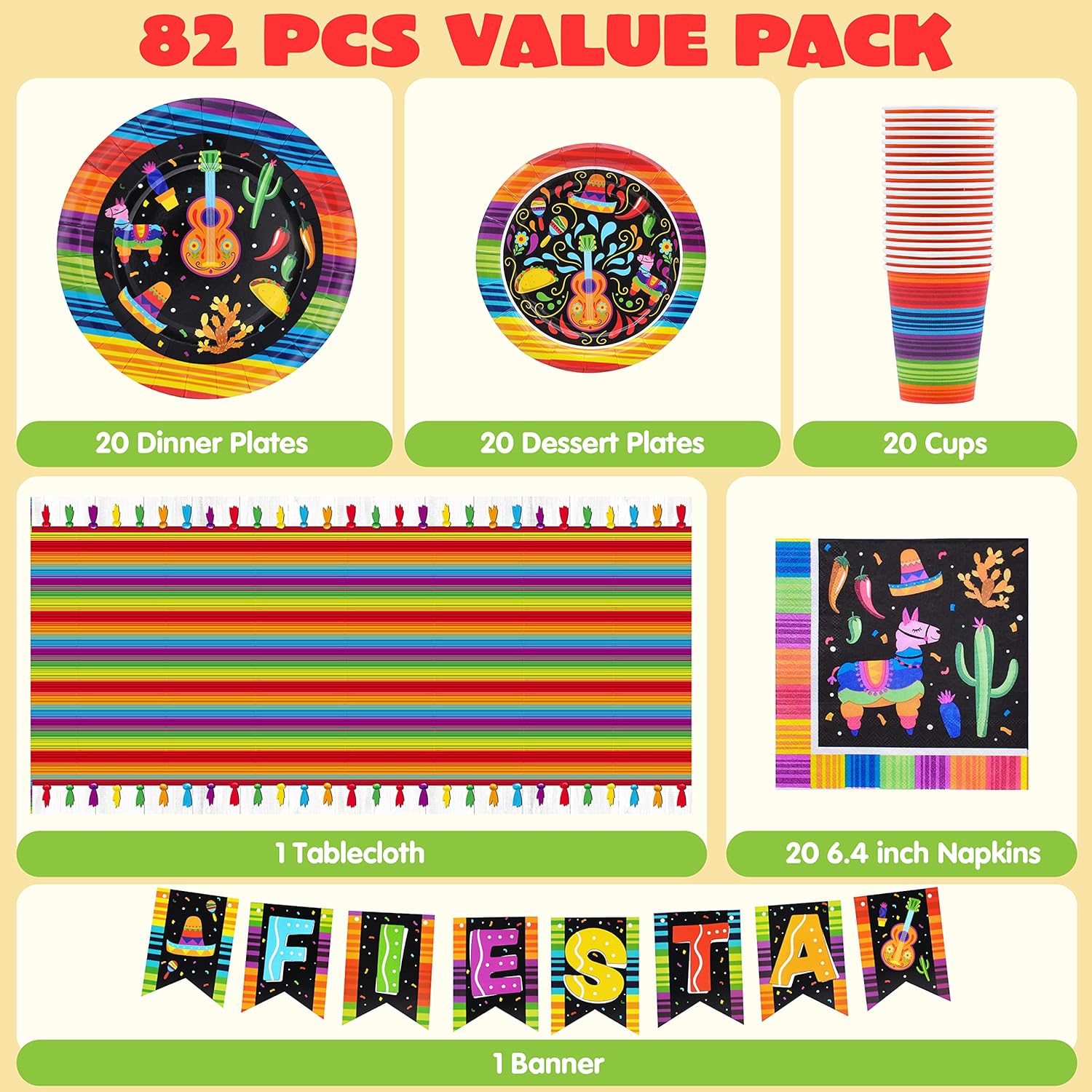 Fiesta Tableware Set, Party Supplies Packs for Cinco De Mayo, Party Decoration Supplies, Table Decorations -82PCS