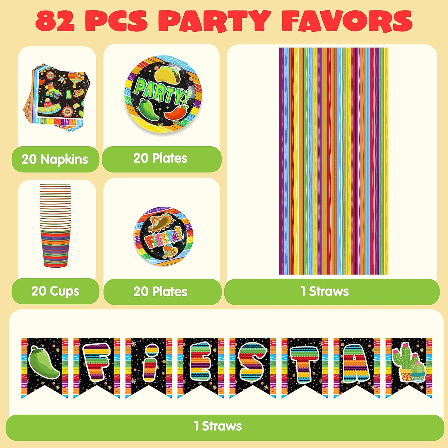 Fiesta Tableware Set, Party Supplies Packs for Cinco De Mayo, Party Decoration Supplies, Table Decorations -82PCS