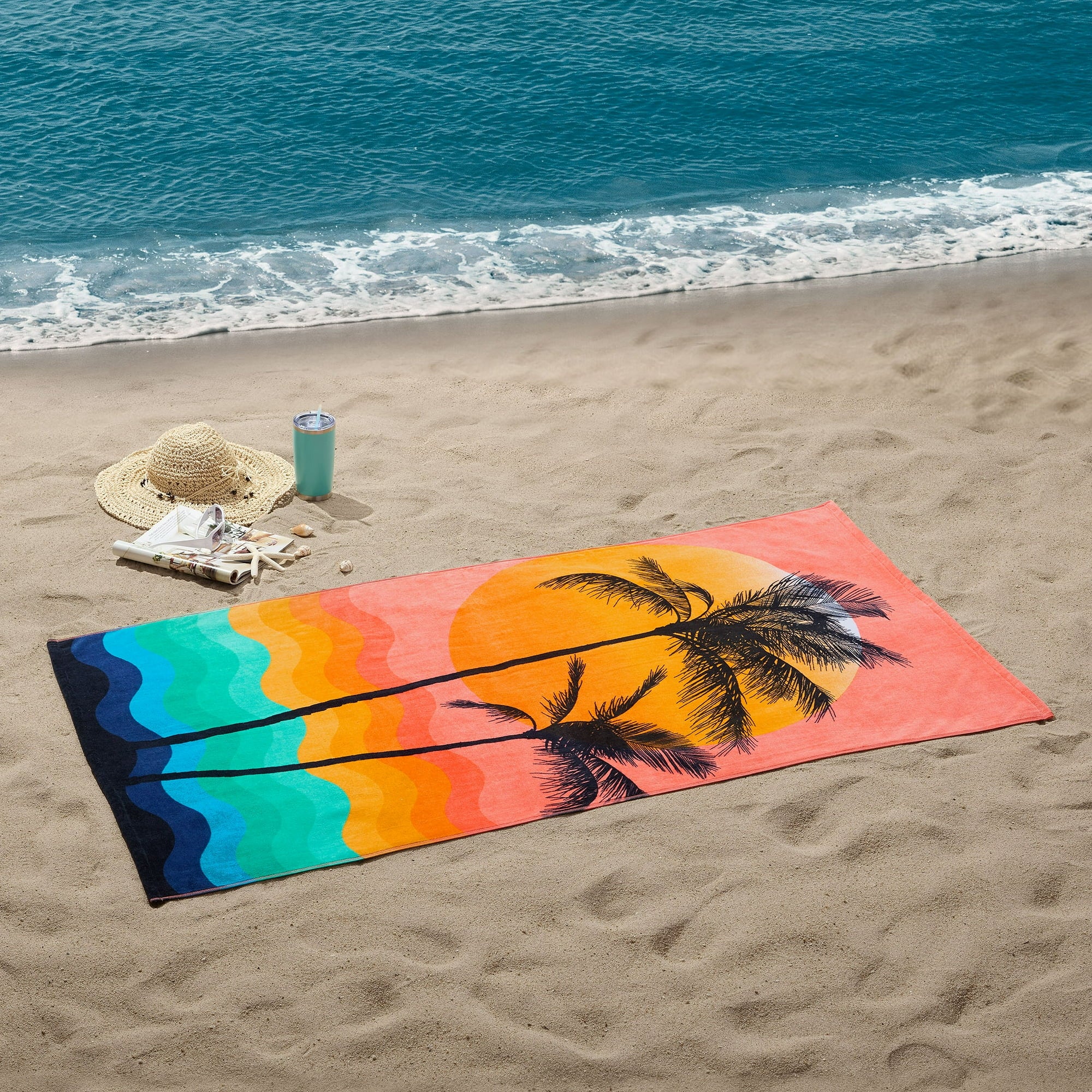 Cotton Blend Palm Print Beach Towel -34